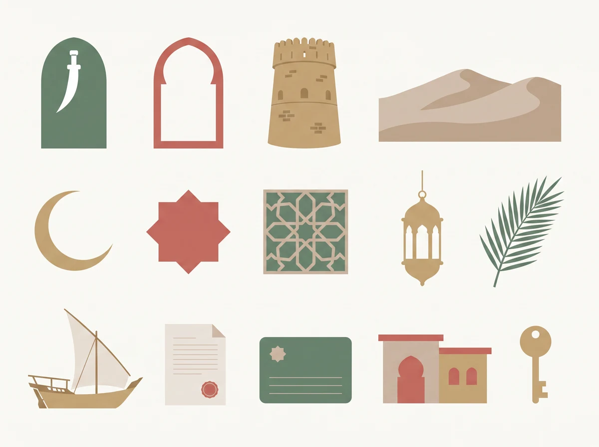 Cast sheet: khanjar, fort tower, mountains, red and green arcs, visa document, residency card, house, key, dhow, crescent, lantern