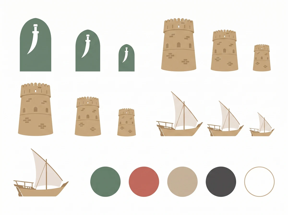 Model sheet: khanjar, fort and dhow each at three sizes, plus the five colour swatches